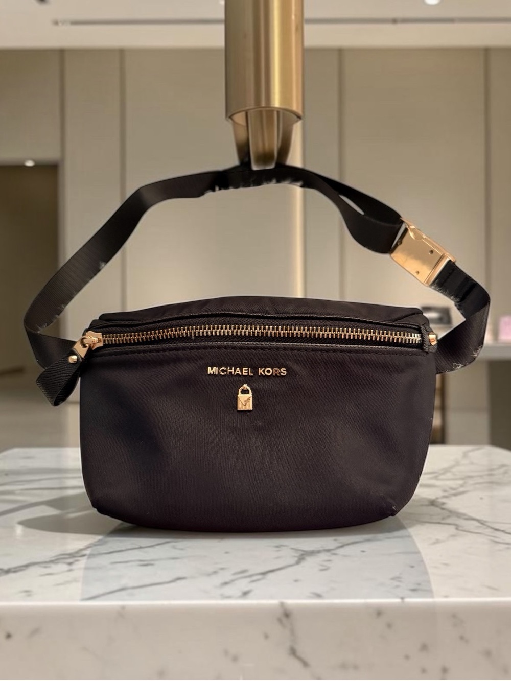 Michael Kors Black Nylon Belt Bag Fanny Pack Gold Hardware Padlock Charm (GUC)
